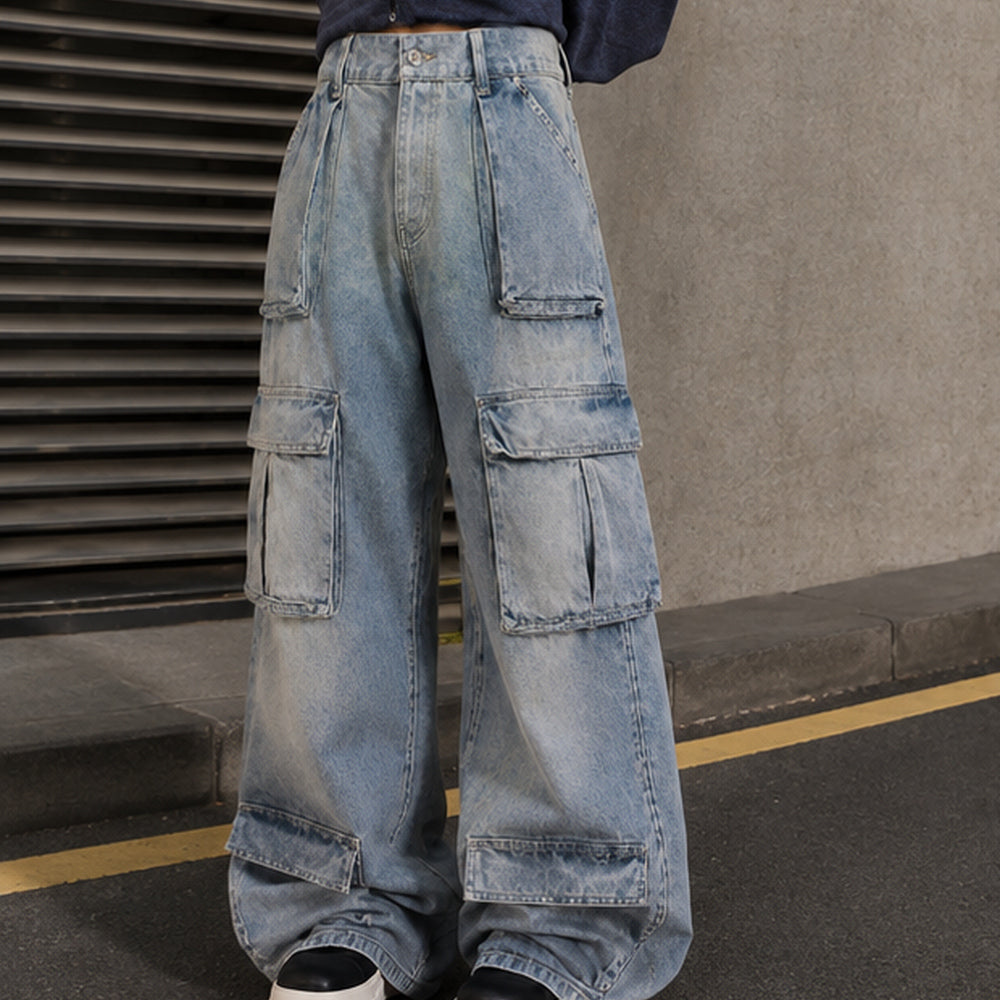 Powder Blue & Off-White Washed Baggy Cargo Denim