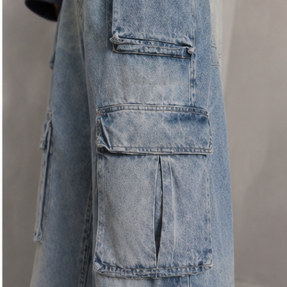 Powder Blue & Off-White Washed Baggy Cargo Denim