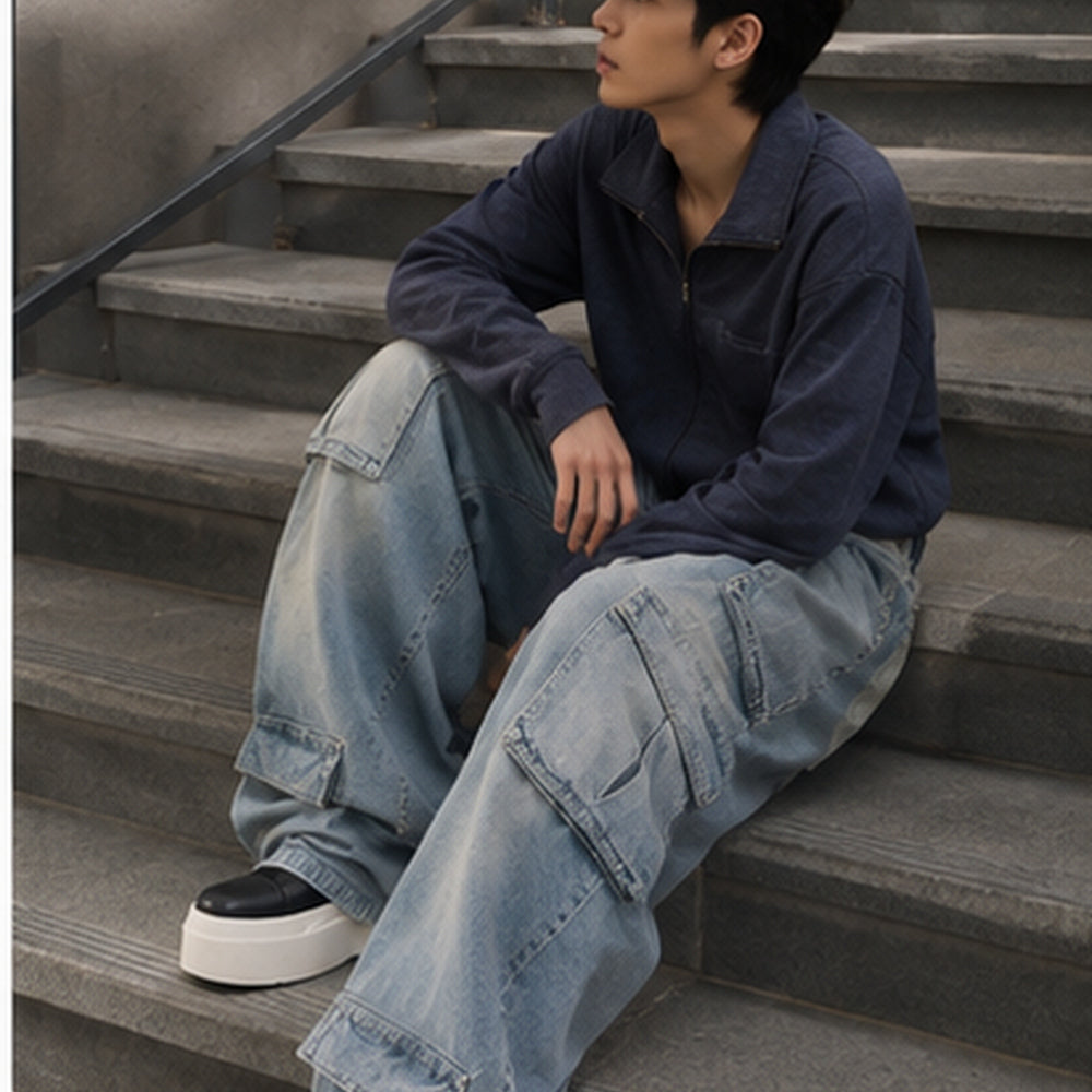 Powder Blue & Off-White Washed Baggy Cargo Denim